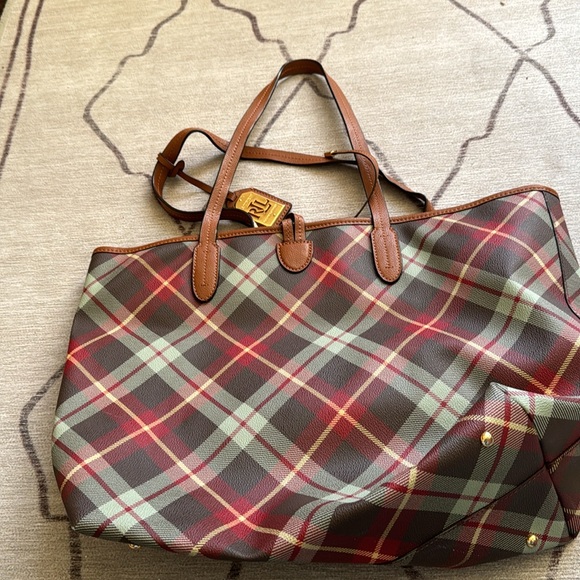 Ralph Lauren shoulder bag red brown and cream plaid with gold accessories - Picture 5 of 9